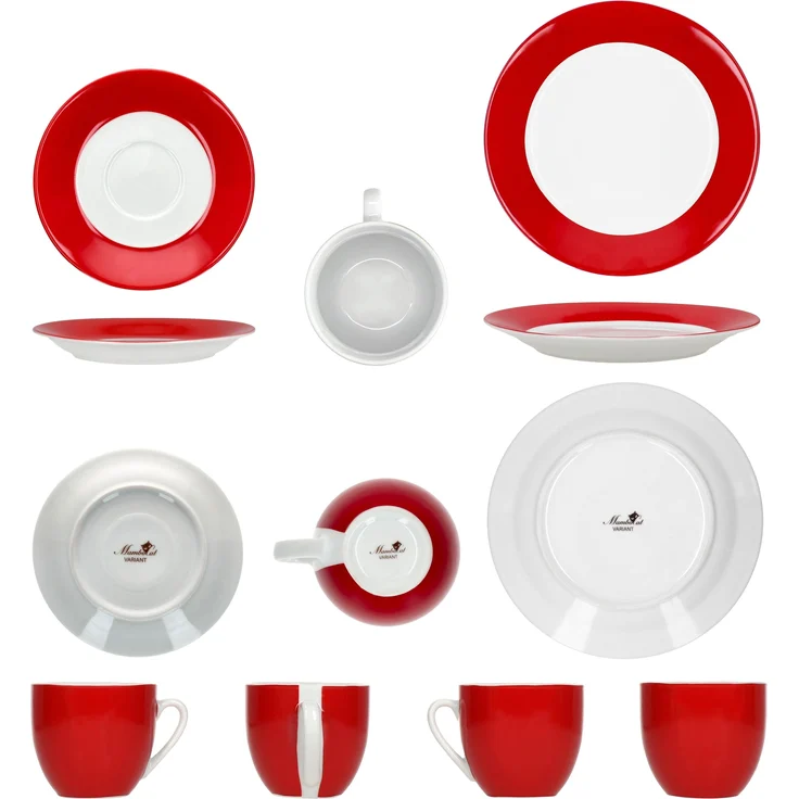 30tlg Kombiservice Variant Rot Porzellan 6 Personen Tassen Untertassen Teller – Bild 6
