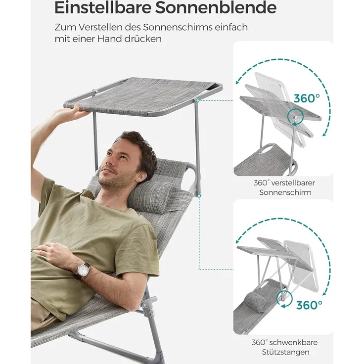 Sonnenliege, klappbarer Liegestuhl, 193 x 53 x 29 cm, max. Belastbarkeit 150 kg, mit Sonnenschutz, Kopfstütze und Verstellbarer Rückenlehne, für Garten, Pool, Terrasse, Greige, 2 Liegen – Bild 4