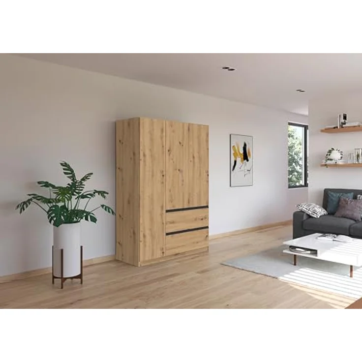 Rauch Möbel Costa, Kleiderschrank für Schlafzimmer, Kinderzimmer, Babyzimmer, Garderobe, Flur, 3-türig, 2 Schubladen, Push-to-Open, mit Zubehör Premium, Farbe Eiche Artisan, Holz, Breite 136 cm – Bild 3