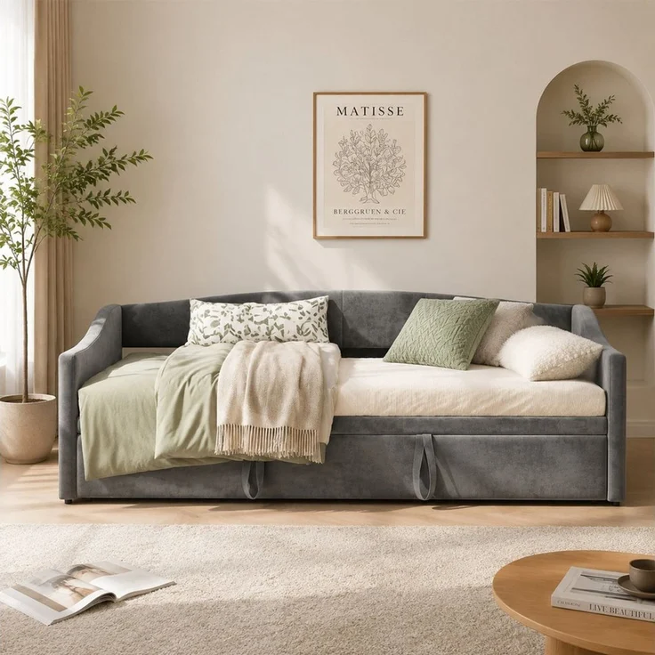 Simurq Schlafsofa Ausziehbares Schlafsofa, Gästebett mit Armlehnen, Tagesbett, Daybett Schlafsofa mit Ausziehbett 90/180x200cm Samt Bezug – Bild 3