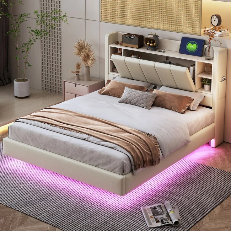 EINHOM Polsterbett 140 x 200 cm, mit USB-Steckdose und Lichtleiste, Wendbares Kopfteil mit Ablagefächern und Einlegeböden mit Kleinen Ablagefächern, Stabiler Metallrahmen, Leinenstoff, Doppelbett Beige, (Ohne Matratze) – Bild 1