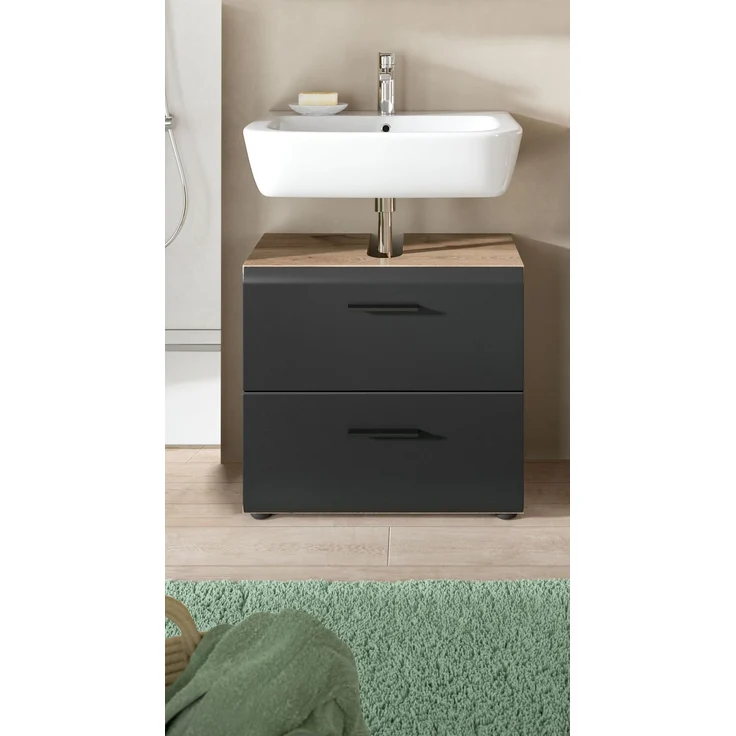 xonox. home – Waschbeckenunterschrank Ice 60 x 55 x 30 cm in Korpus Nox Oak Nachbildung und Front schwarz matt – Moderner Badschrank Unterschrank für Waschbecken – warm & natürlich – Bild 6