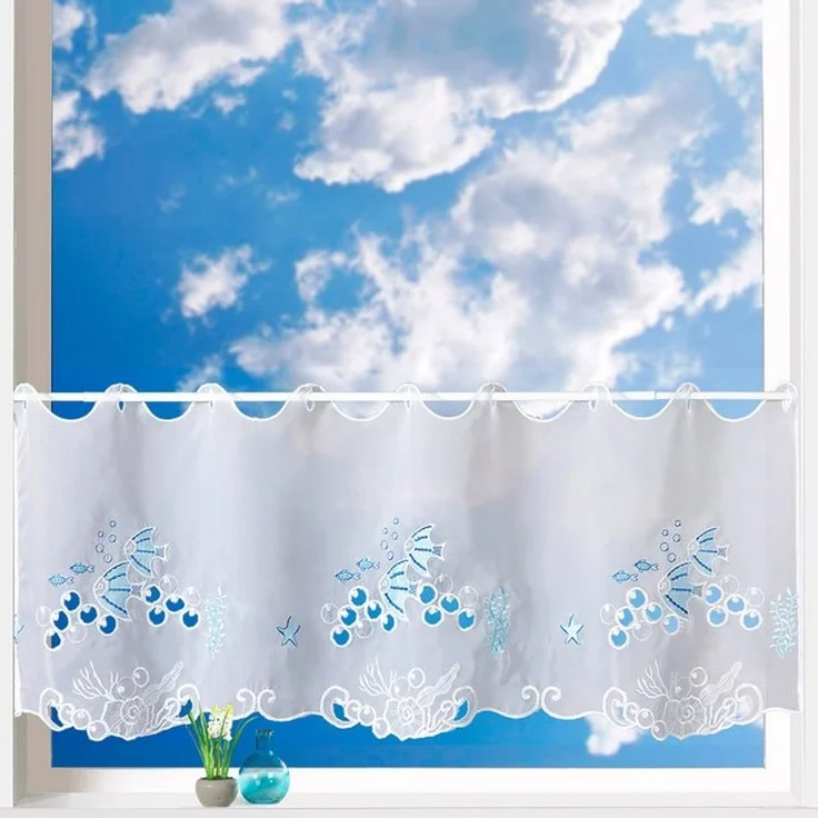 heimtexland Scheibengardine Badezimmer Deko Gardine maritim bestickt 45x112 cm (1 St), Ösen, transparent, Voile, Bistrogardine I farbige Stickerei I Fensterdeko Fisch – Bild 4