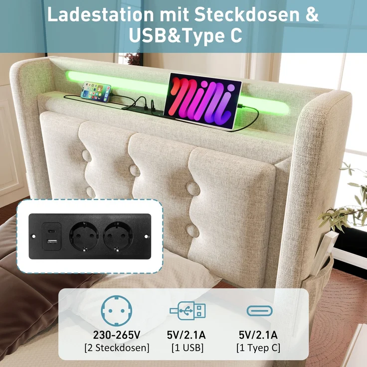 Einzelbett 90x200 cm mit Kopfteil, LED-Beleuchtung, USB Type-C Steckdose, Stauraum & Baumwoll-Leinenbezug,Beige – Bild 7