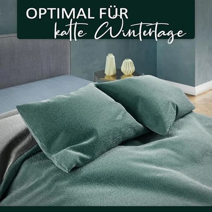 Moderne Plüschbettwäsche mit Reißverschluss - einfarbig, wendbar & warmhaltend Grün 155x220cm + 80x80cm Kissenbezug – Bild 4
