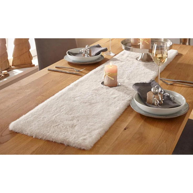 Tischläufer "Samtweich" 33x140 cm, creme mit flauschigem Kunstfell, Mitteldecke – Bild 1
