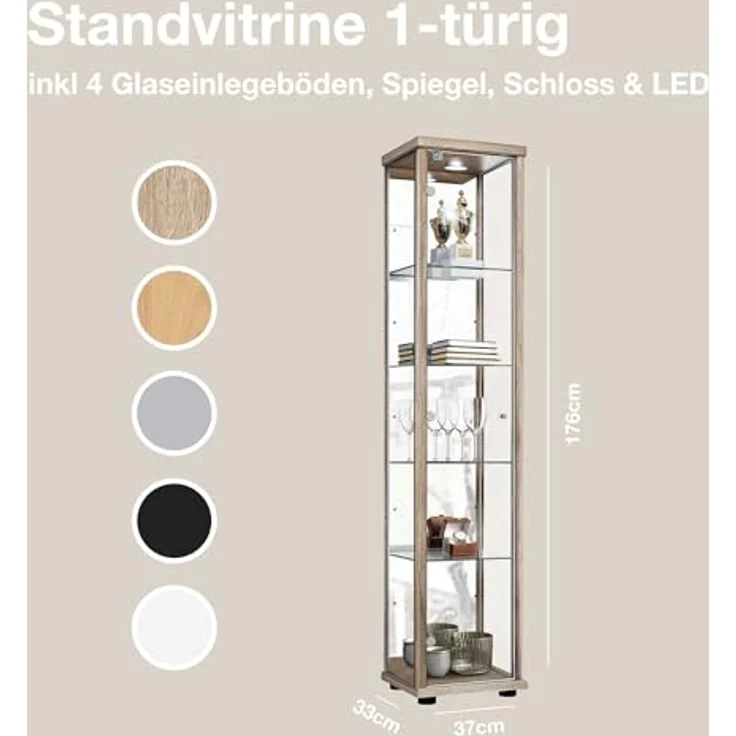 K-Möbel Glasvitrine Sonoma Eiche, Rechteckig mit 4 Fächern, 37x176x33 cm, modernes Design für Wohnzimmer und Wohnwände – Bild 2