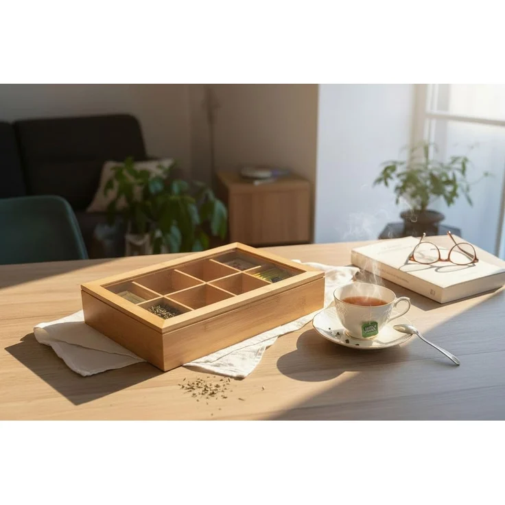 LS-LebenStil Teebox Holz Aufbewahrungsbox Teebox 8 Fächer mit Deckel Teekiste Schmuckkiste, Bambus, (Nachhaltiger Organizer - durchsichtiger Glasdeckel, 1-tlg, Holzkiste Schmuckkiste Schmuckkasten Schmuckkästchen), Aufbewahrung für Teebeutel, Tee, Schmuck – Bild 7
