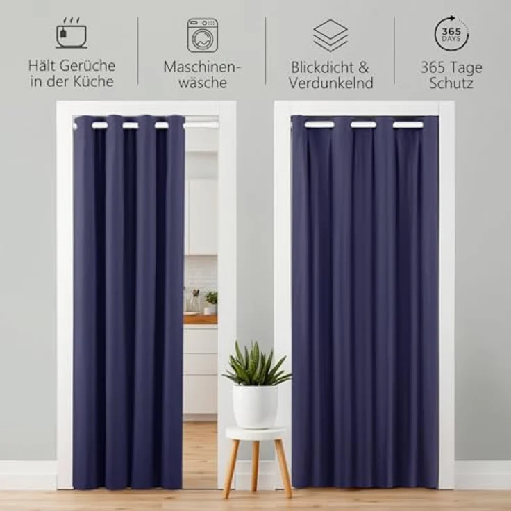 tinycurtains Türvorhang mit Stange weiß 70-120 cm Thermo Vorhang ohne Bohren, blickdicht, Ösen, verdunkelnd, Polyester, dunkelblau Ocean, Türgardine mit Klemmstange Raumtrenner Vorhang Tür – Bild 6
