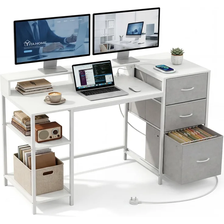 YITAHOME Computer Schreibtisch mit Schubladen Steckdose, Gaming Tisch mit Monitorständer & Regalen, Eckschreibtisch mit Stauraum & Dateischublade, 144x50 cm Computer Tisch für Büro, Weiß