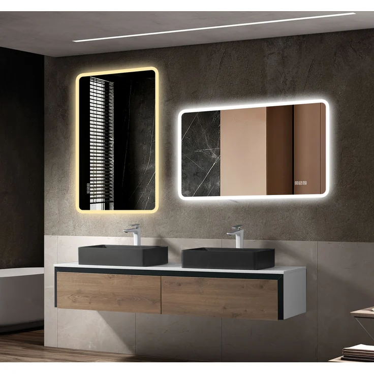 Badezimmerspiegel 100x60 cm mit LED-Frontbeleuchtung, Anti-Beschlag-Funktion und Milchglasrand – Bild 4