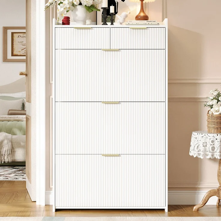 ZUBALIYA Schuhschrank (80 x 25 x 135 cm), 3 Klappfächer und 2 Schubladen, Aus Spanplatte, Stauraum für Flur und Eingangsbereich, Weiß – Bild 3