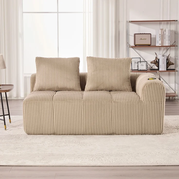 2-Sitzer Sofa, Cord mit Seitenfächern & Becherhaltern, 158x93x61 cm, Khaki – Bild 4