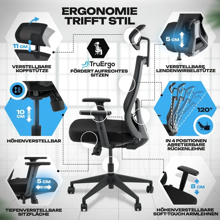 VALKENSTOL M3 KOMFORT Bürostuhl ergonomisch - 5 Jahre Garantie - Schreibtischstuhl tiefenverstellbare Sitzfläche - Armlehnen - extra bequem – Bild 9
