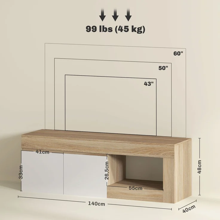 2-türiger TV-Schrank für Fernseher bis zu 60 Zoll, TV-Schrank mit Schrank und offenem Regal, Naturholz-Optik – Bild 5
