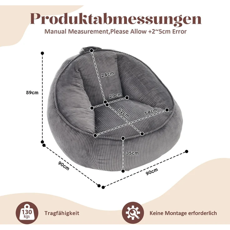 Sitzsack in Grau 90cm×90cm×59cm mit Cordbezug und Memory-Schaum-Füllung – ergonomische Rückenstütze – Bild 3