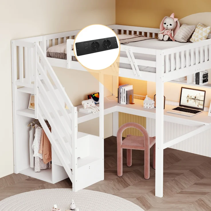 Rayofly-Massivholz Kinder Hochbett 140x200 cm, Stauraumtreppe, Schreibtisch, USB-Steckdose, LED-Licht, Jugend- und Einzelbett, H 140cm x T 200cm x B 140cm, Weiß – Bild 2