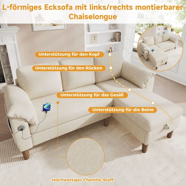 Merax L-förmiges Ecksofa, 3-Sitzer Sofa mit Stauraum-Chaiselongue, links/rechts montierbar, USB/Type-C-Ladeanschluss, Seitentasche, 2 halbfeste Armlehnenkissen, Chenille Stoff, Beige – Bild 7