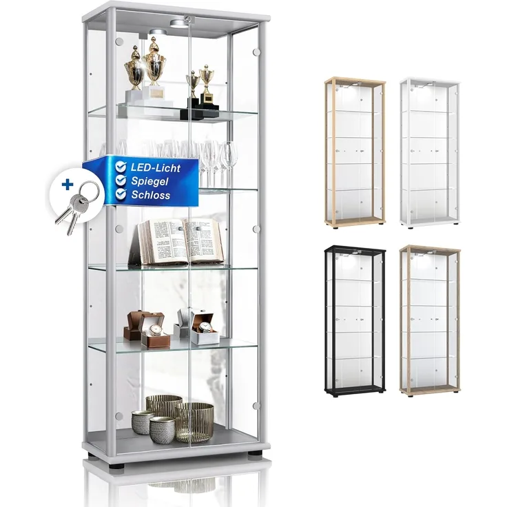 K-Mbel Glas Vitrinenschrank 2-trig (176x67x33cm) - Made in Germany - Standvitrine Silber / Alu mit 4 hhenverstellbaren Glasbden, Spiegel, Schloss & LED - Glasvitrine Stehend - Sammler