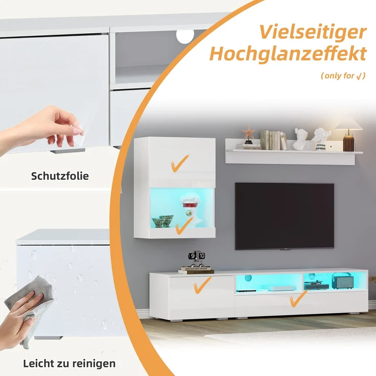 175*39*34cm TV Wohnwand-set mit Vitrine (Komplett-Set, 3-St),Mediawand inkl. TV-Board, Standregal und Wandregal,TV Wohnzimmermöbel-Set mit LED und Hochglanz,TV-Schrank,stehend&hängend,TV bis 80',Weiß--Weiß--84.71x64.64x13.46cm--YOUDENOVA – Bild 10