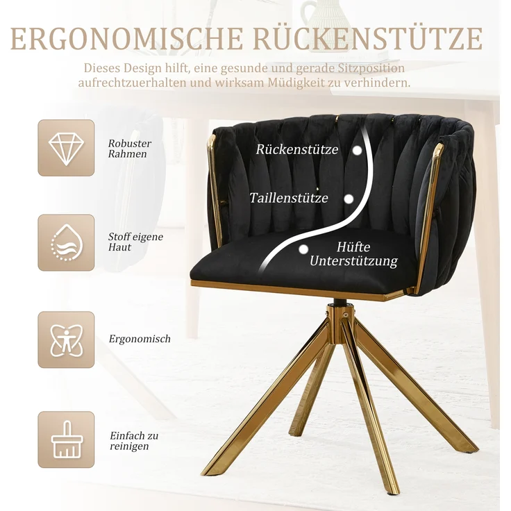 LVHOM Esszimmerstuhl 2er-Set, 180° drehbar mit runden Rückenlehne, Wohnzimmerstuhl aus Samt, bis 150 kg, für Homeoffice – Bild 4