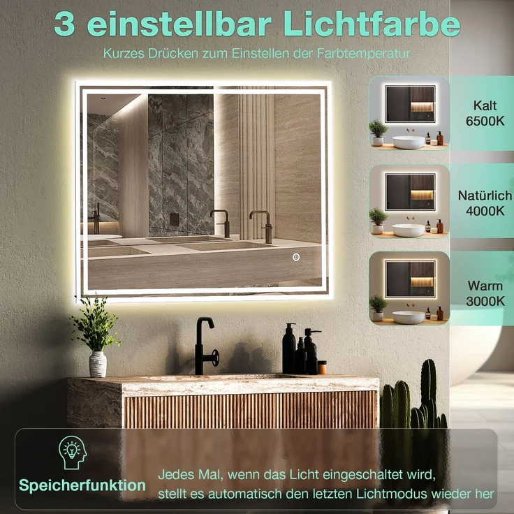 GIMBELEN LED Badezimmerspiegel 80x60 cm, rechteckiger Wandspiegel mit Beleuchtung, 3 Lichtfarben, dimmbar, Anti-Beschlag, Touch-Schalter, explosionssicheres Glas, IP44, Weiß – Bild 2