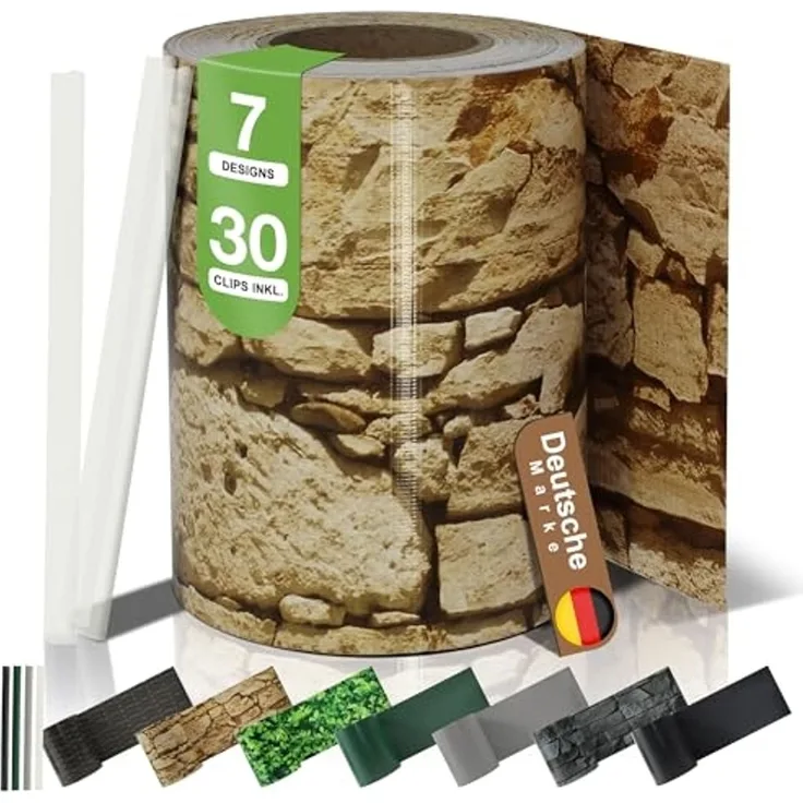 BooGardi PVC Sichtschutzstreifen · Sichtschutz Zaun 19 cm x 35 m Sandstein 4 Rollen · 450 g/m² · inkl. 30 Clips · Zaunblende für Doppelstabmattenzaun & Stabmattenzaun · Blickdicht & wetterfest