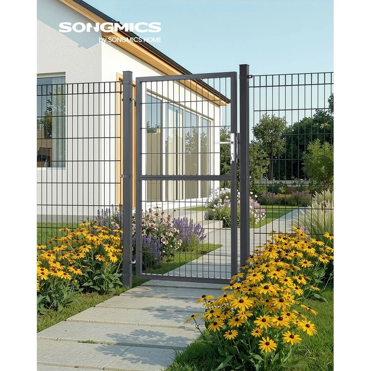 SONGMICS Gartentor, Gartentür, verzinkter Stahl, Zauntor, Hoftor, abschließbar, rechteckiges Rohr, Tür 106 x 160 cm (B x H), grau – Bild 2