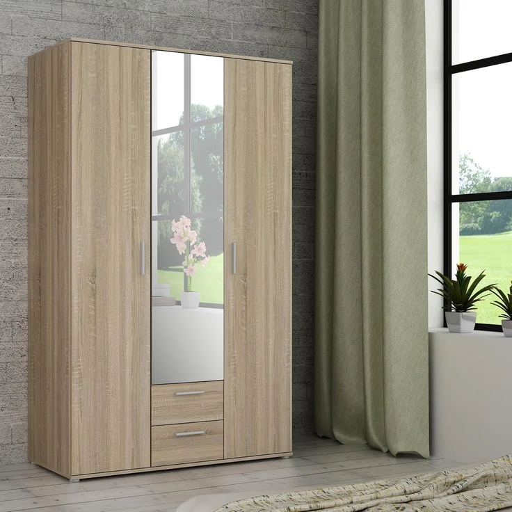 Forte Nano Kleiderschrank 120, Drehtürenschrank mit 2 Schubladen, Einlegeböden und Spiegel, Holzwerkstoff, Sonoma Eiche Dekor, 121 cm breit, 200,1 cm hoch, 54 cm tief – Bild 1