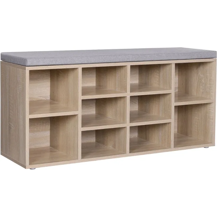 Vasagle Schuhbank mit 10 Fächern, Spanplatte natur / Leinenimitat grau, 48 x 30 x 104 cm