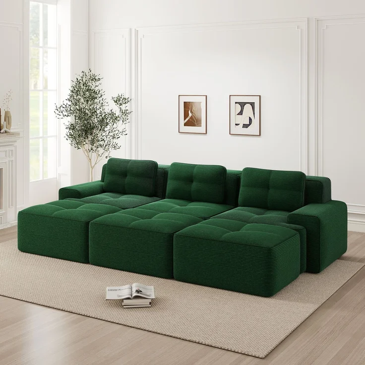 EINHOM Rahmenlose Sofas, weicher Cordstoff, modulares Ecksofa mit Schlaffunktion und 3 Hockern, 3-Sitzer-Sofas, bequemes Sofa für das Wohnzimmer, Grün – Bild 1