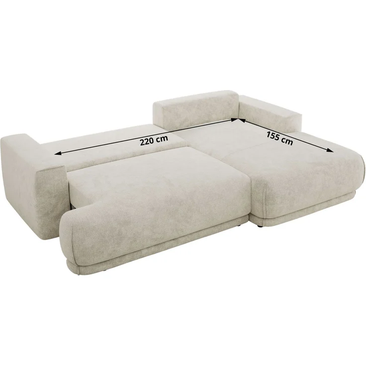 RINA L Design Ecksofa, Schlaffunktion & Stauraum, DL-System, Wellenfedern, Liegefläche 220x155 cm, freistehendes Polstersofa, Schlafcouch - Creme Schenille grob gewebt - Rechts Seite – Bild 7