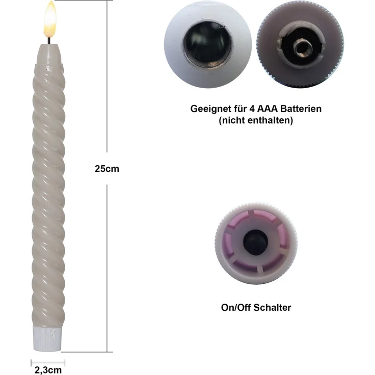 LED Stabkerzen ,Flamme Swirl' aus Echtwachs, 2er-Set, grau-braun – Bild 6