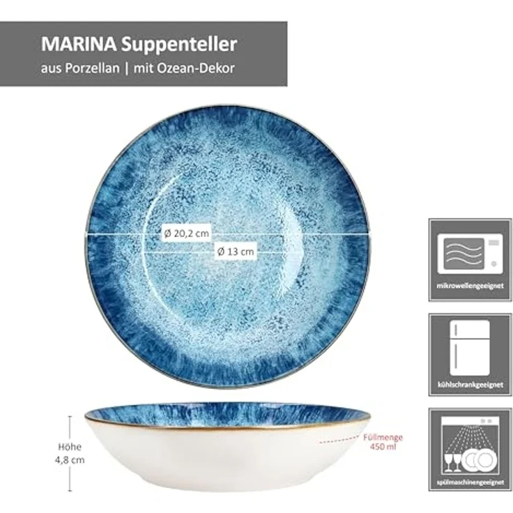 MamboCat Suppenteller Marina 6er Set Suppenteller blau 450ml Porzellan Teller tief Pasta – Bild 6