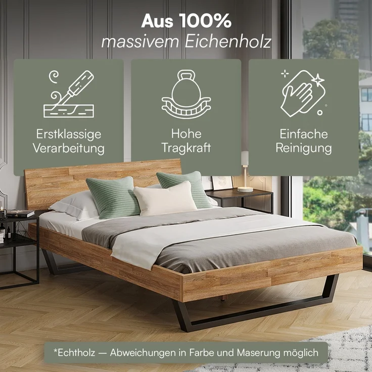 skølm 'Alver' Bett 140x200 cm, Bettgestell, natur geölt, Massivholzbett aus Eiche mit Metallkufen, Doppelbett mit durchgehendem Bettkopf – Bild 3