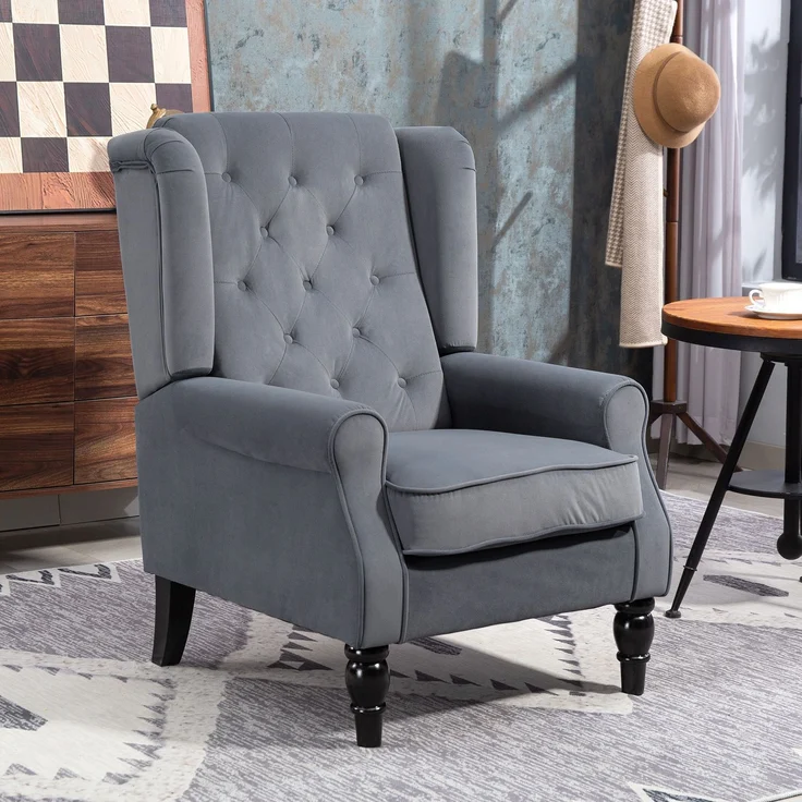 Wohnora-Ohrensessel Relaxsessel Sessel, Vintage-Design, Knopfheftung, gedrechselte Beine, 74 cm x 86 cm x 102 cm, Grau,H 102cm x T 86cm x B 74cm – Bild 4