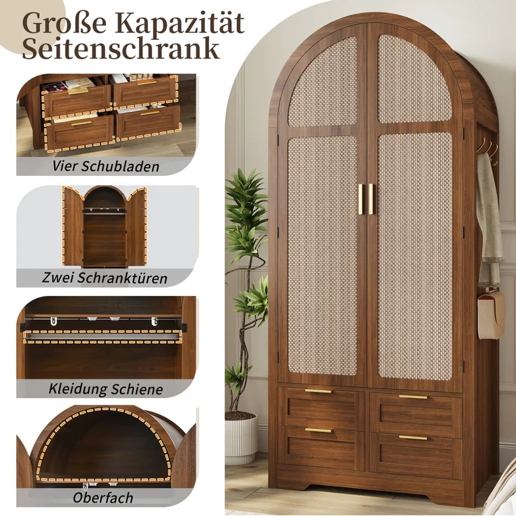 DESVIAE Garderobenschrank Nussbaum aus MDF – 80x180x50 cm – Rattantüren, Schubladen – Bild 4