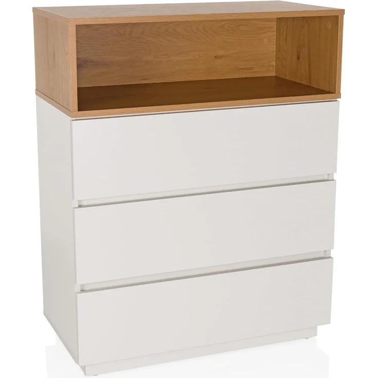 hjh LIVING Kommode mit 3 Schubladen, 1 offenes Fach MELMO K 80 x 40 x 100 cm Highboard Schrank im skandinavischen Stil, griffloses Design, Weiß/Eiche – Bild 1