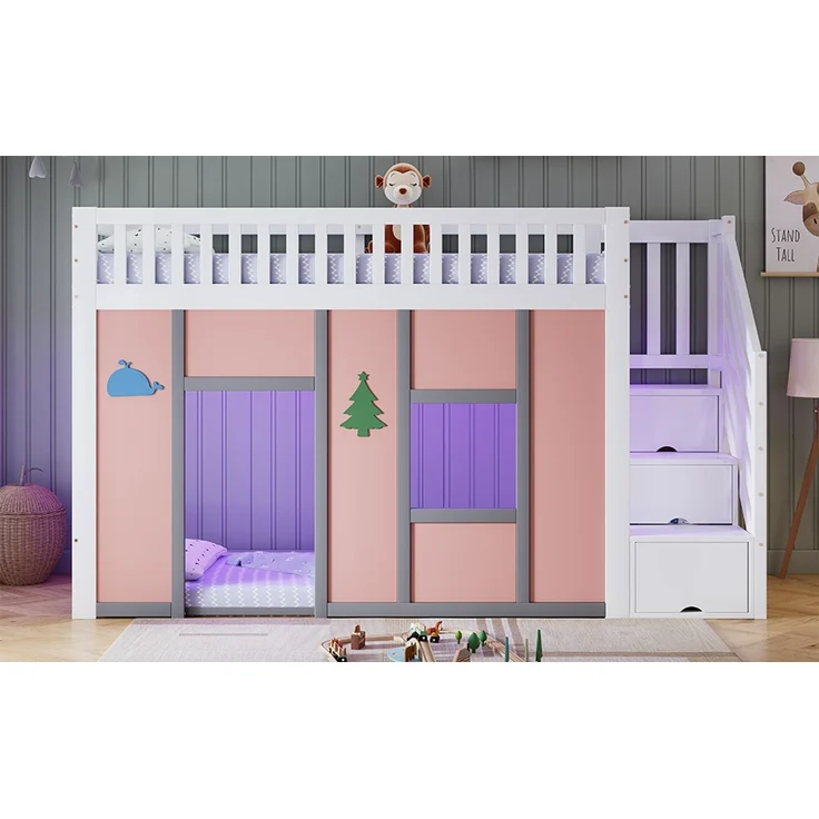 TavilaEcon Hochbett Halbhochbett mit Stauraumtreppe, LED-Beleuchtung und Spielbereich Liegefläche 90 × 200 cm – Bild 10