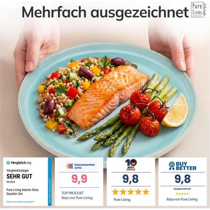 PURE LIVING INTERIOR DESIGN Geschirr-Set Ibiza aus Steingut, 48-tlg, für 12 Personen, Türkis (1-tlg), 12 Personen, Steingut, Spülmaschinenfest, mikrowellengeeignet, kratzfest und alltagstauglich – Bild 3