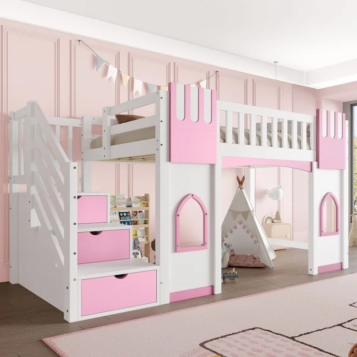 Hochbett, Stauraumtreppe und Fenster, Holz, Weiß + Rosa, 90 × 200 cm