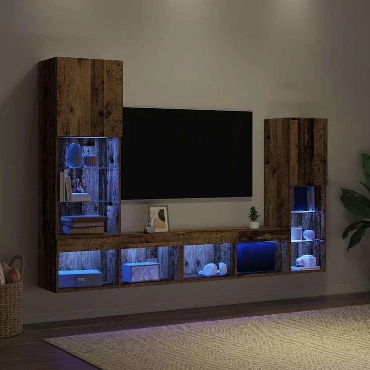 vidaXL TV-Schränk mit LED-Lichtleisten 4 pcs Altholz Holzwerkstoff 3334389 – Bild 4