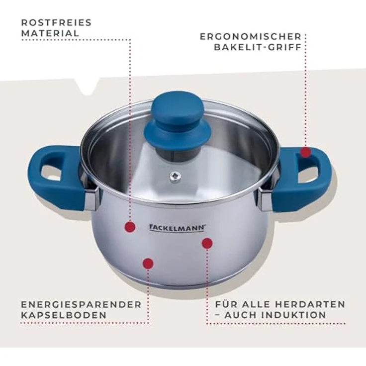 Fackelmann Kochtopf Essential Ø 16 cm, Edelstahl, mit ergonomischen Bakelit-Griffen, für alle Herdarten geeignet, mit Literskala, Blau – Bild 3