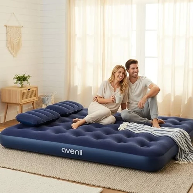Avenli Luftmatratze Luftbett Camping für 2 Personen mit Pumpe & 2 Kissen 203 x 152 x 22 cm, (aufblasbar Ideal als Reisebett oder Isomatte, Set mit Luftpumpe und Kissen), Indoor und Outdoor mit beflockter Oberfläche – Bild 2