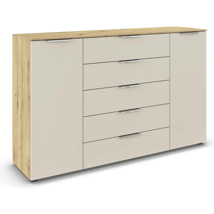 Rauch Möbel Flipp, Kommode für Schlafzimmer, Kinderzimmer, Wohnzimmer, Jugendzimmer, Flur, Garderobe, 2-türig, 5 Schubladen, mit Softclose-Funktion, Farbe Eiche Artisan, Holz/Beige, Breite 160 cm – Bild 1