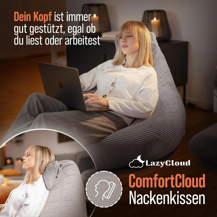 Sitzsack für Erwachsene mit integrierter [Nackenstütze] Cord | XXL Indoor Bean Bag mit Füllung | perfekt als Chill-, Lese- oder Gaming Sessel (90 x 80 x 70 cm) (Sitzsack & Hocker Leichtgrau) – Bild 3