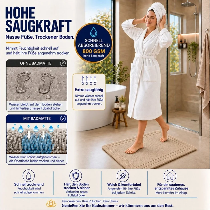 Komfortec Badematte Badvorleger aus 100% Baumwolle, Rechteckig, 800 g/m² – Bild 4