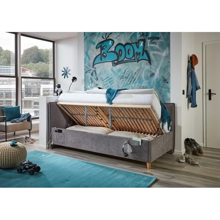 Basis-Liege mit Bettkasten Foggia / Fun, Stoff, Beige, 128 x 90 x 208 cm – Bild 3