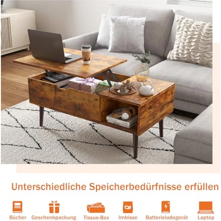 Sweetcrispy Couchtisch Höhenverstellbar, Tisch Wohnzimmertisch, offener und versteckter Stauraum Couchtisch, Sofatisch Beistelltisch, 100x50 cm Sofatisch aus Holz für Wohnzimmer, Braun – Bild 9