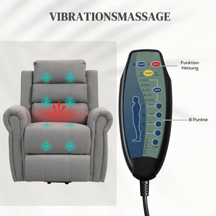 HOMCOM Massagesessel Sessel mit Aufstehhilfe, Fernsehsessel mit Leinenoptik (Relaxsessel, 1-St, Kinosessel), bis 150 kg belastbar, Hellgrau – Bild 5